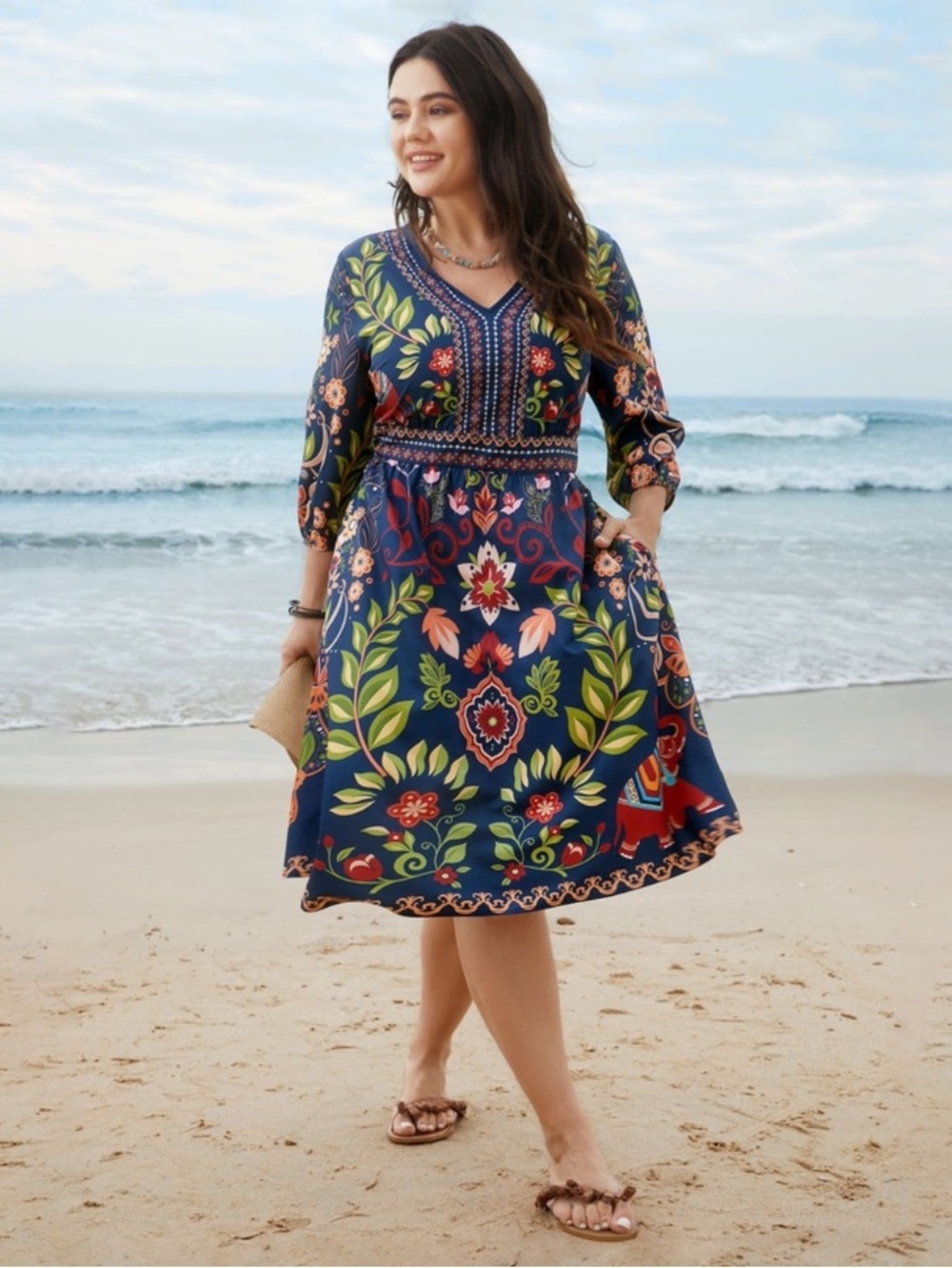 BloomChic Navy Multicolor Floral & Elephant Print Midi Dress - Picture 6 of 13